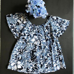 LOFT Blue and White Off The Shoulder Crop Top